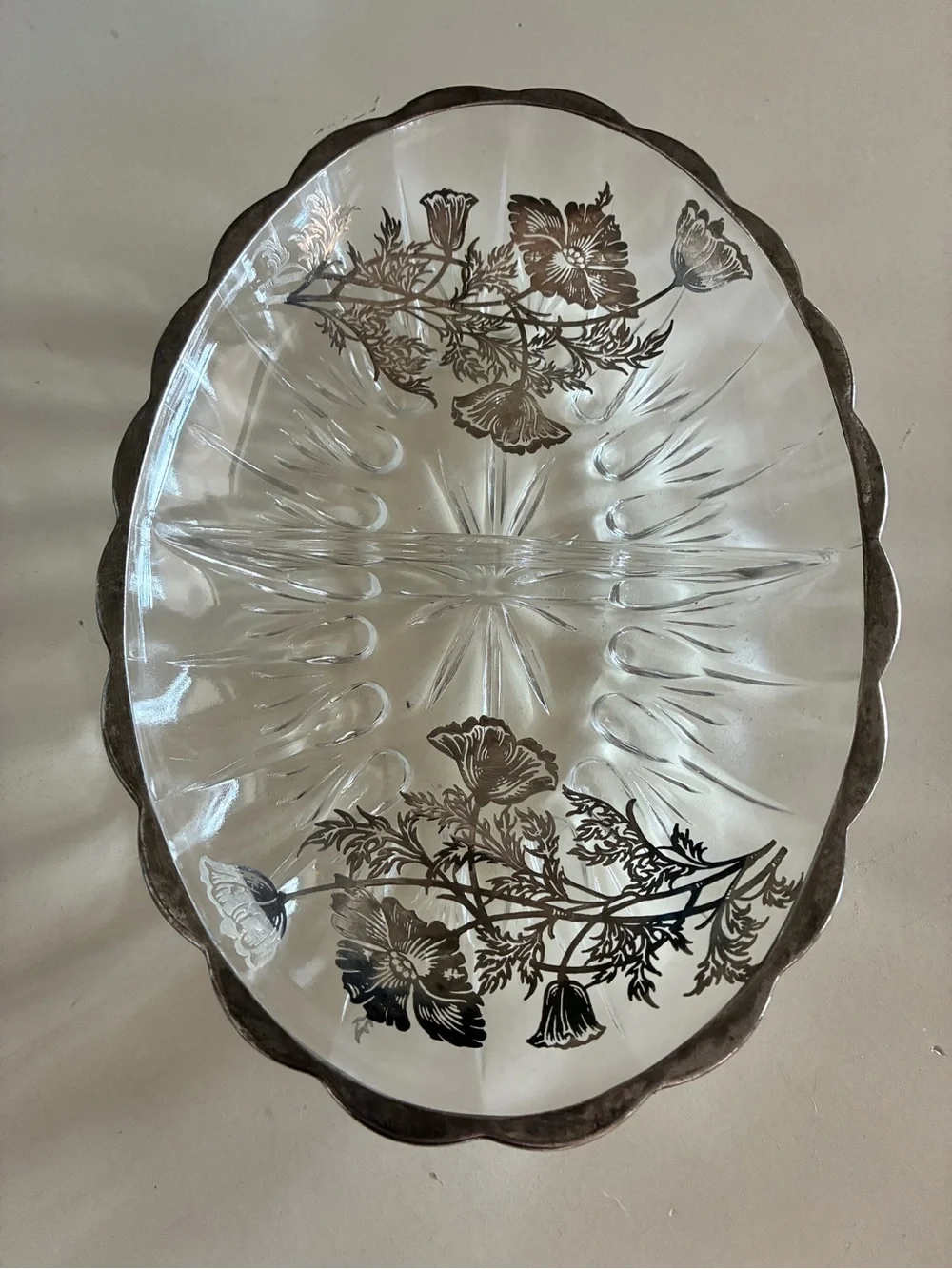Silver City Glass Sterling Overlay Divided Oval Relish Dish Flanders Poppy